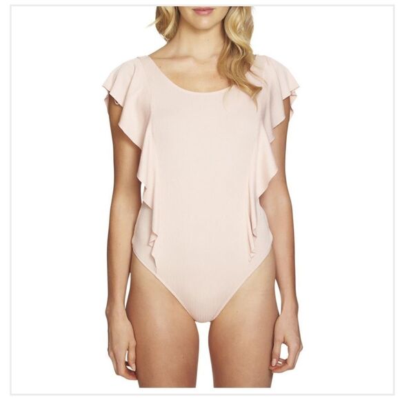 1. State Ribbed Ruffle Bodysuit in peach - Picture 2 of 8